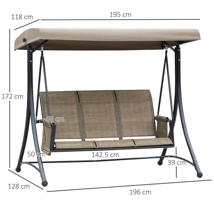 Outdoor High-Back 3-Person Patio Swing Chair - Adjustable Canopy, Side Pouches, Porch Seating in Brown - Relaxation and Comfort for Deck or Garden
