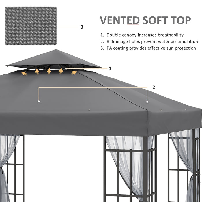 Patio Gazebo Canopy 3x3m with 2-Tier Roof - Outdoor Garden Pavilion Tent Shelter & Mosquito Netting, Steel Frame - Ideal for Backyard Relaxation and Entertaining, Grey