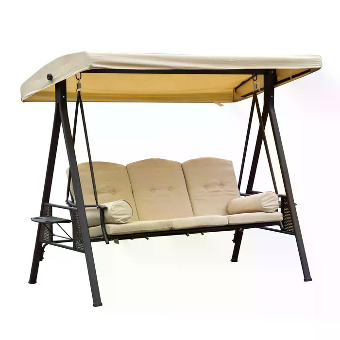 Garden 3-Seater Steel Swing Chair with Canopy - Hammock-Style Outdoor Bench with Cushion Shelter - Comfortable Beige Patio Furniture for Relaxation