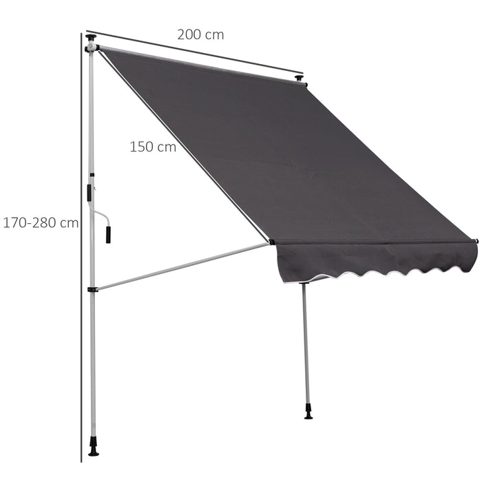 Balcony Manual Retractable Awning - 2 x 1.5m DIY Adjustable Shade Canopy, Patio Shelter in Grey - Ideal Sun Protection for Outdoor Entertaining