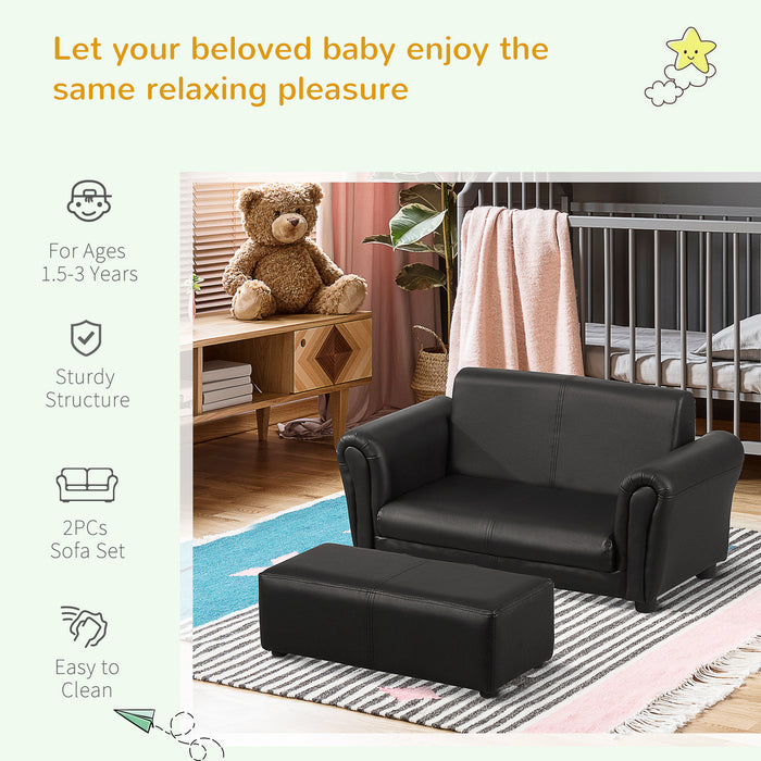 Kids Twin Sofa with Footstool - 2 Seater Toddler Chair in Black, Children's Double Seat Armchair - Perfect Couch for Boys and Girls Lounging and Play