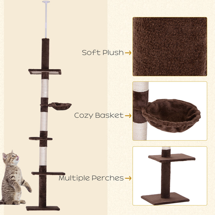 5-Tier Floor to Ceiling Cat Tree - Tall Climbing Activity Center with Scratching Post, Adjustable 230-260cm - Ideal for Playful Cats and Kittens