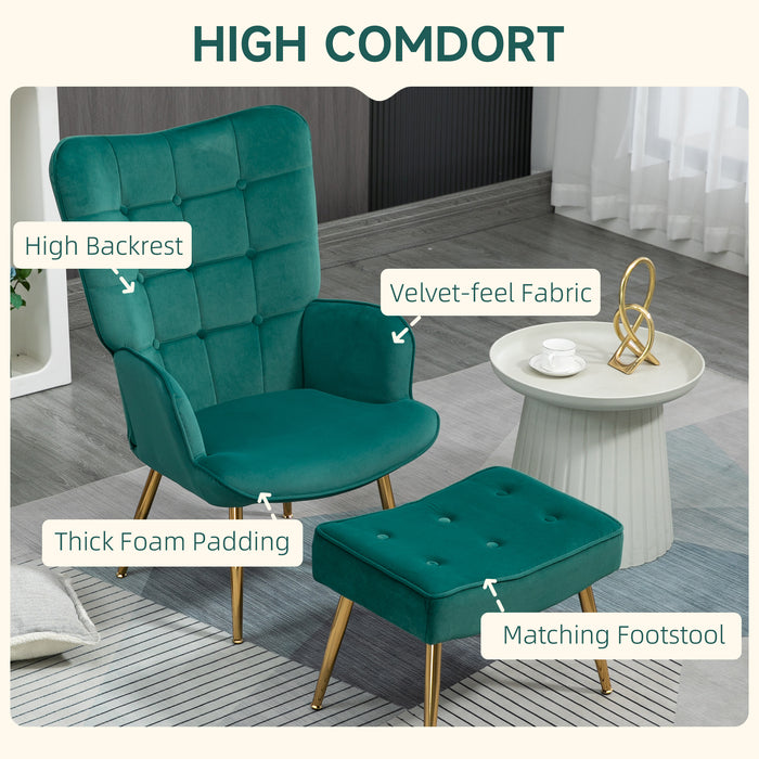 Modern Button Tufted Wingback Armchair - Plush Upholstered Chair with Matching Footstool, Gold Tone Steel Legs, Dark Green - Elegant Furniture for Contemporary Home Decor