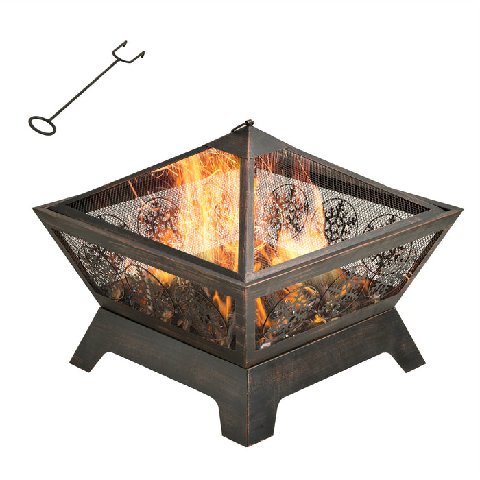 Metal Square Firepit Bowl with Spark Screen and Poker - Durable Outdoor Fire Pit for Patio and Camping BBQ - Ideal for Gatherings and Cozy Evenings 61x61x52 cm, Black