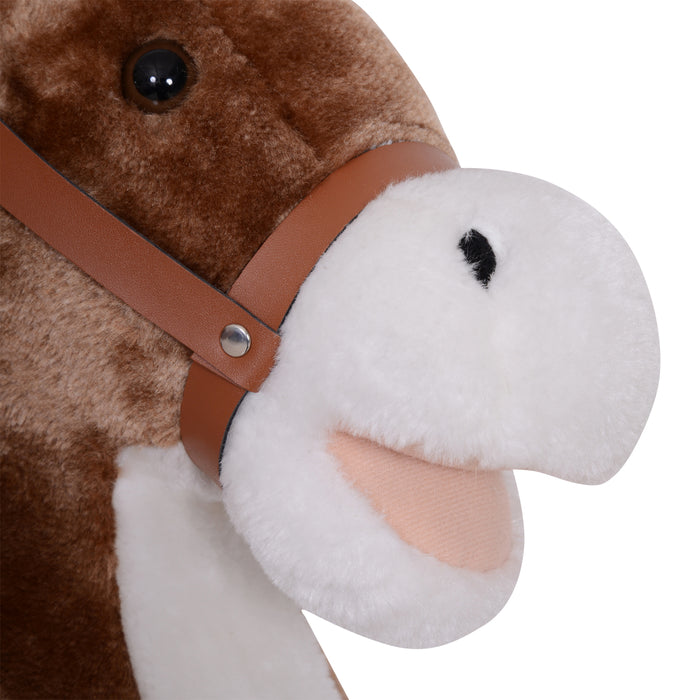 Plush Brown & White Rocking Horse for Kids - Soft Toy Ride with Sturdy Wood Base - Classic Children’s Nursery Decor and Playroom Entertainment