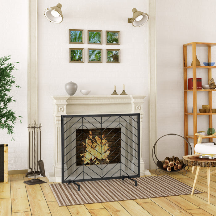 Fireplace Screen - Single Panel Design with Detachable Support Feet and Sturdy Metal Frame in Black - Ideal for Enhancing Safety Around Open Fires