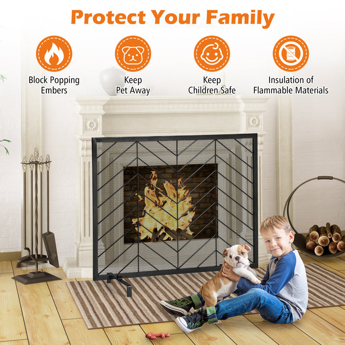 Fireplace Screen - Single Panel Design with Detachable Support Feet and Sturdy Metal Frame in Black - Ideal for Enhancing Safety Around Open Fires
