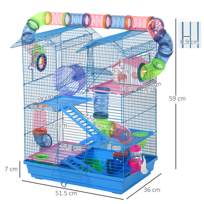 5-Tier Hamster Cage with Accessories - Exercise Wheels, Tunnel Tube, Water Bottle, Feeding Dishes, and Ladder Habitat - Perfect for Dwarf Mice and Small Rodents, Blue