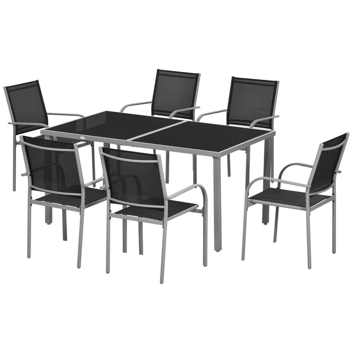 7-Piece Outdoor Dining Ensemble - Steel Frame Patio Table, Tempered Glass, 6 Mesh Stackable Chairs - Ideal for Garden Entertaining and Family Meals