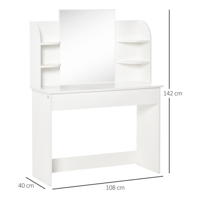 Modern Vanity Workstation - Dressing Table with Large Mirror & Spacious Drawers plus 2-Tier Open Shelf - Ideal for Bedroom Organization & Beauty Routine