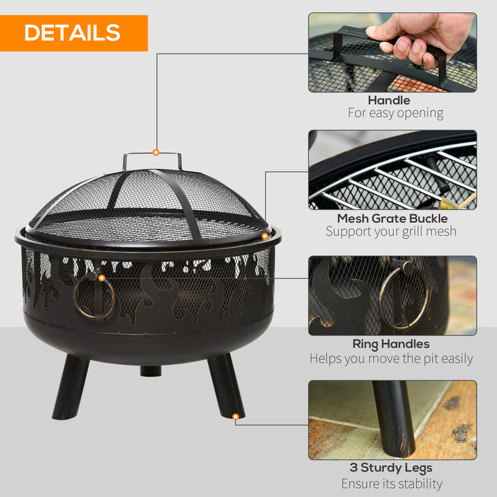 Outdoor 2-in-1 Fire Pit and BBQ Grill - Steel Bowl Heater with Cooking Grate and Spark Screen - Ideal for Backyard Bonfires and Patio Cookouts