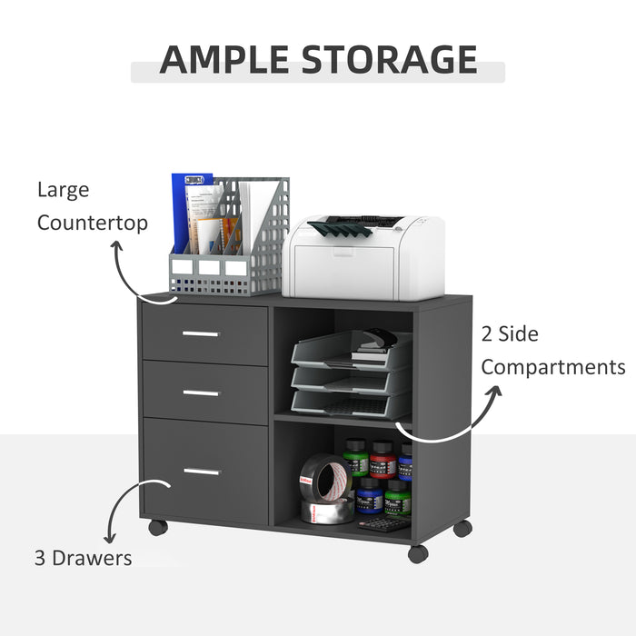 Office Desk Side Mobile Storage Unit - Freestanding Printer Stand with Wheels, 3 Drawers & 2 Open Shelves, Modern Style - Ideal for Organizing Office Supplies, 80x40x65 cm, Grey