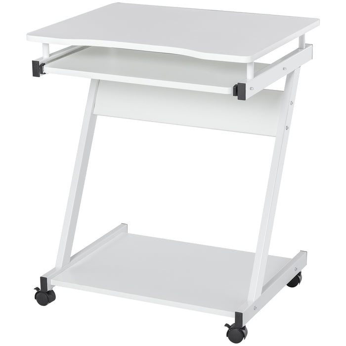 Compact Rolling Computer Desk - 4 Swivel Wheels, Slide-Out Keyboard Tray - Ideal for Home Office, Gaming, and Study Workstation in White