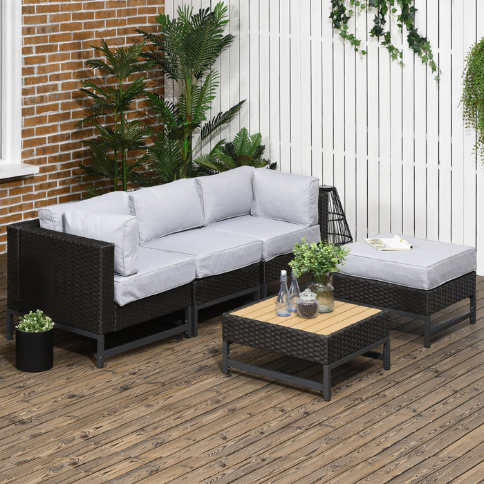 Outdoor PE Rattan 5-Piece Corner Sofa Set - Patio Wicker Woven Garden Lounge Furniture with Thick Padded Cushions - Includes Wood Grain Plastic Top Coffee Table for Backyard Comfort