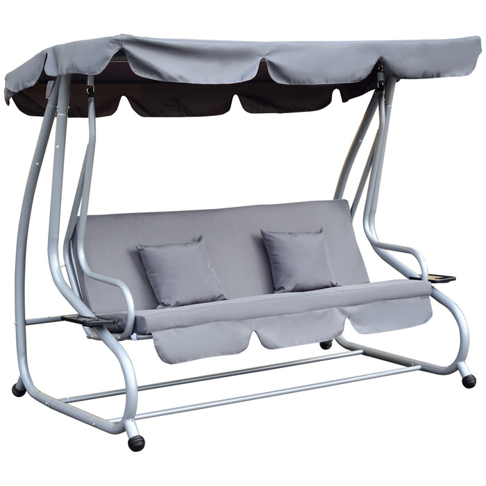 3 Seater Swing Chair with Tilting Canopy - 2-in-1 Garden Swing Seat and Bed with 2 Cushions in Grey - Versatile Hammock Bench for Relaxing Outdoors