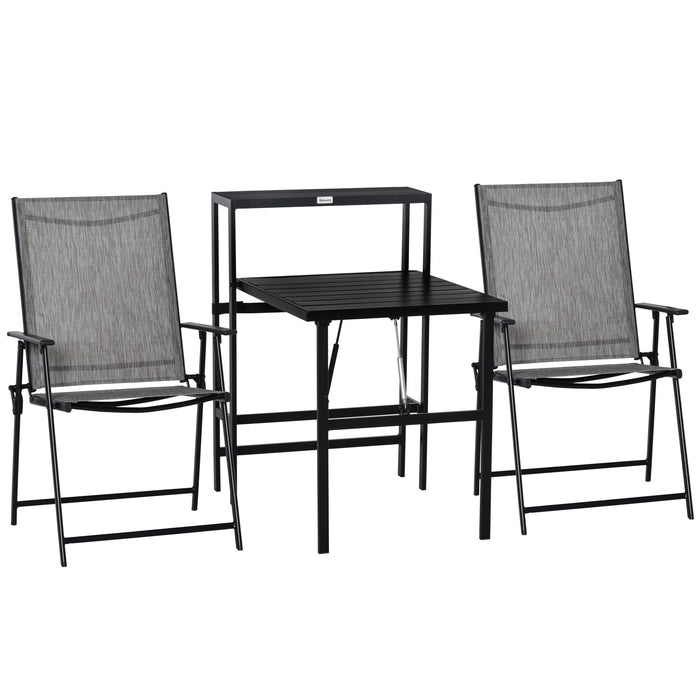 3-Piece Foldable Garden Furniture Set - Metal Framed Folding Table with Side Shelf and 2 Chairs - Perfect for Patio, Balcony & Indoor/Outdoor Use