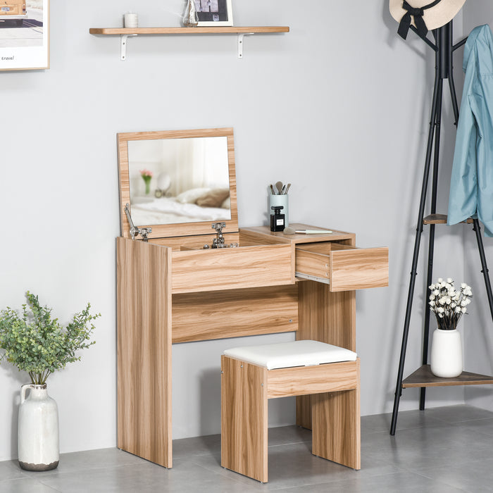 Cushioned Stool and Flip-up Mirror Dressing Table Set - Elegant Wood Grain Finish with Storage Drawer - Perfect for Bedroom Vanity and Makeup Organization