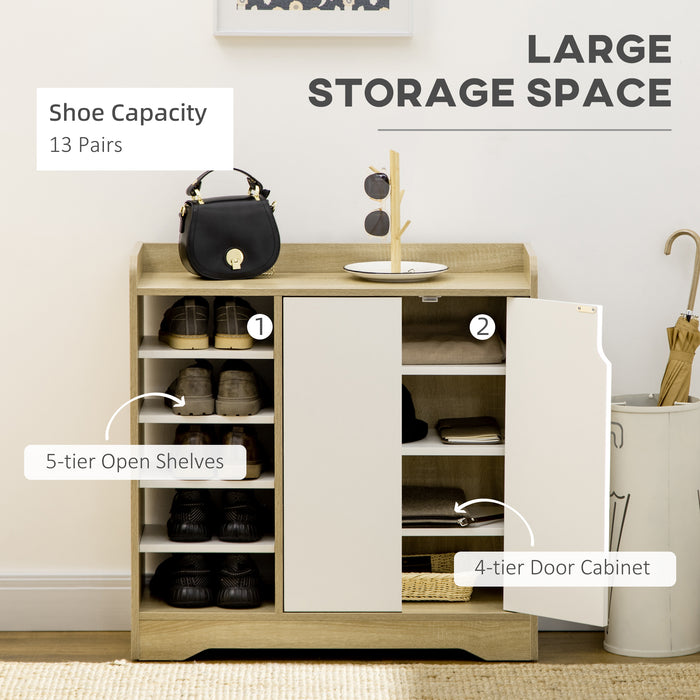 Double-Door Shoe Cabinet with Open Shelving - 13-Pair Entryway and Hallway Organizer in Natural and White - Space-Saving Footwear Storage Solution