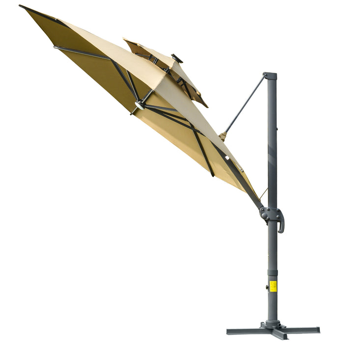 3M Cantilever Parasol with Solar Lights - Adjustable Canopy, 360° Rotation, Power Bank & Cross Base - Outdoor 2-Tier Roof Garden Umbrella for Sun Protection, Khaki