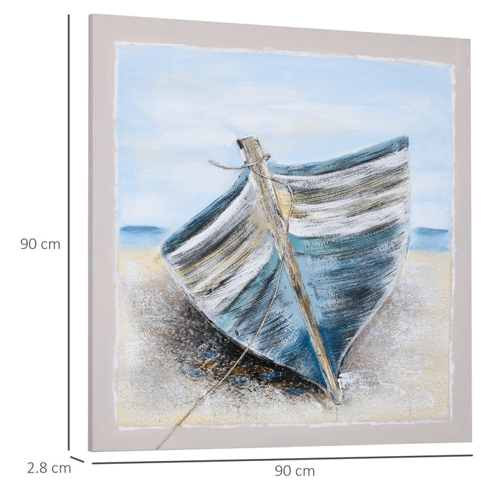 Blue Boat in the Beach Hand-Painted Canvas - Coastal Wall Art for Living Room & Bedroom - 90x90 cm Ocean Scene Decor for Home Interiors