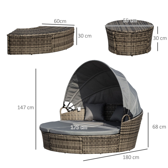 Rattan Outdoor Lounging Set - Cushioned Wicker Round Sofa Bed with Matching Coffee Table - Ideal for Patio Conversations and Relaxation in Grey