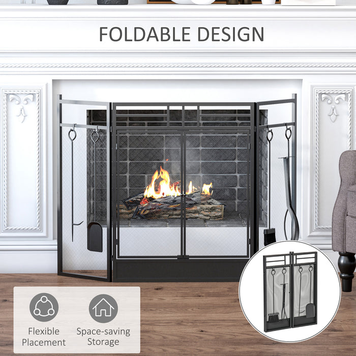 Folding Steel Fire Guard with Double Doors - Triple Panel Mesh Fireplace Screen for Open Fires, 122cm Width x 80cm Height - Safety Accessory for Home Fireplaces