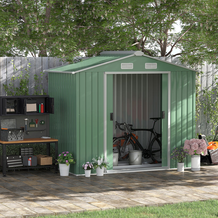 Large Metal Storage Shed 7ft x 4ft with Lockable Doors - Patio Garden Tool Organizer with Roof, Foundation, Outdoor Storage Box - Ideal for Equipment, Furniture, Light Green