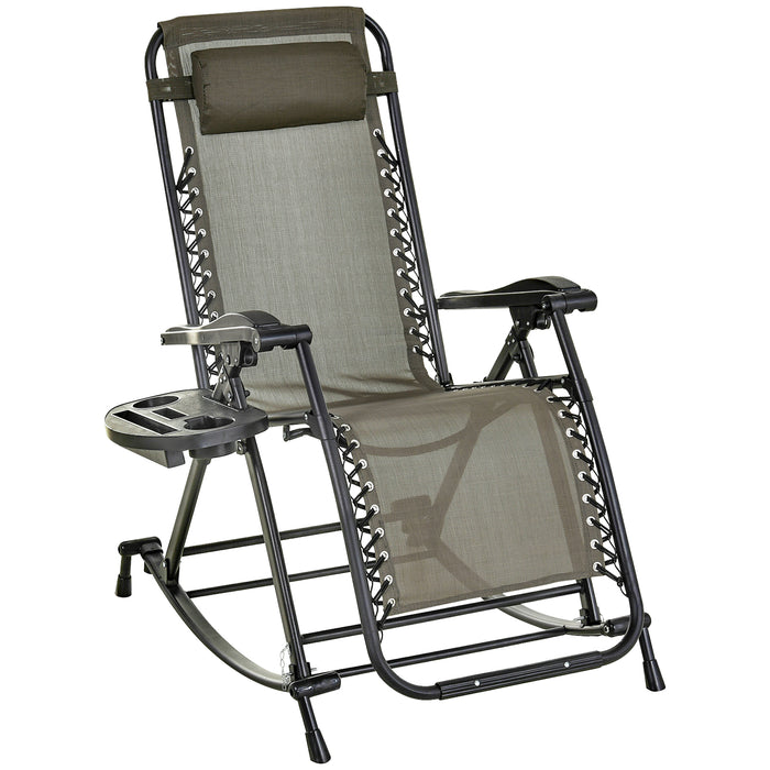 Outdoor Folding Rocking Chair - Adjustable Zero-Gravity Recliner with Headrest and Side Holder for Patio and Deck - Comfortable Sun Lounger for Garden Relaxation, Grey