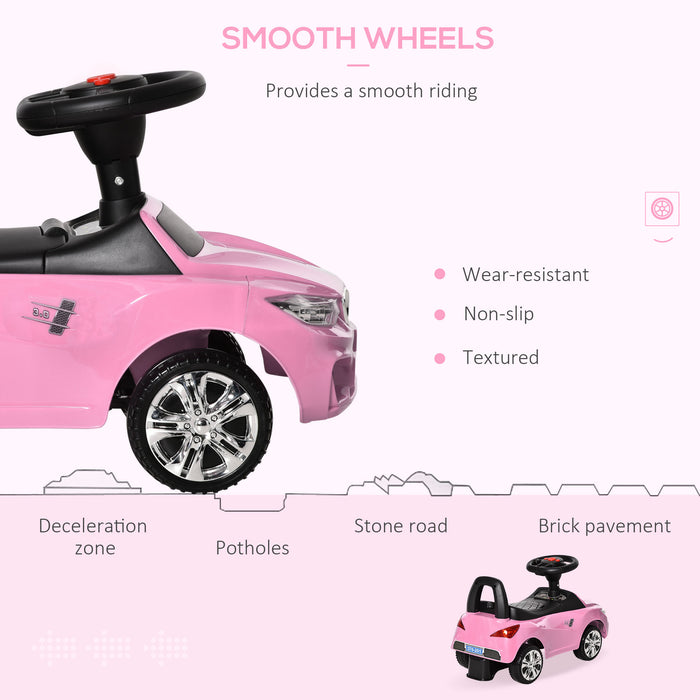 Toddler Sliding Ride-On Car with Music and Horn - Foot to Floor Slider Stroller with Working Lights and Hidden Storage - Large Steering Wheel, Pink, Ideal for Active Kids