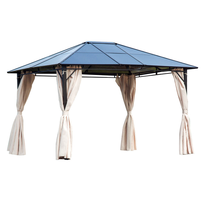 Hardtop Gazebo with Polycarbonate Roof 3.6x3m - Outdoor Garden Pavilion, Steel Frame, Removable Curtains, Brown - Ideal for Backyard Shade and Entertaining