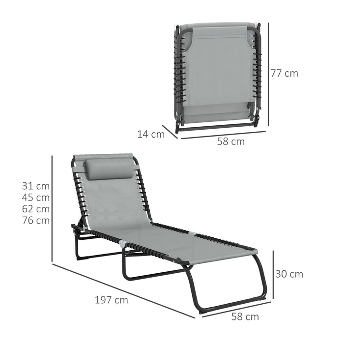 Folding Sun Lounger with 4-Position Recliner - Beach Chaise Chair, Light Grey, Portable Garden Cot for Camping - Ideal for Outdoor Relaxation and Sunbathing