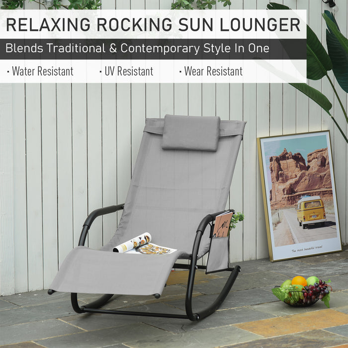 Garden Rocking Chair Set of 2 - Outdoor Patio Sun Lounger with Breathable Mesh and Removable Headrest Pillow, Grey - Ideal for Relaxation and Comfort with Handy Side Storage Bag