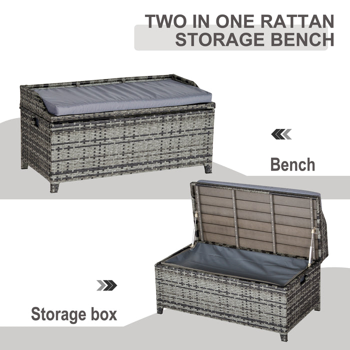 Outdoor Rattan Wicker Storage Bench - Mixed Grey Patio Basket Box with Cushion - Space-Saving Seating Solution for Decks and Gardens