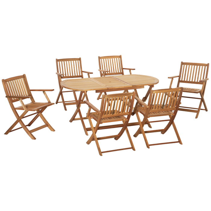 7-Piece Teak Garden Dining Set with Umbrella-Compatible Foldable Table and Armchairs - Outdoor Patio Furniture with Parasol Hole - Ideal for Al Fresco Dining & Entertaining