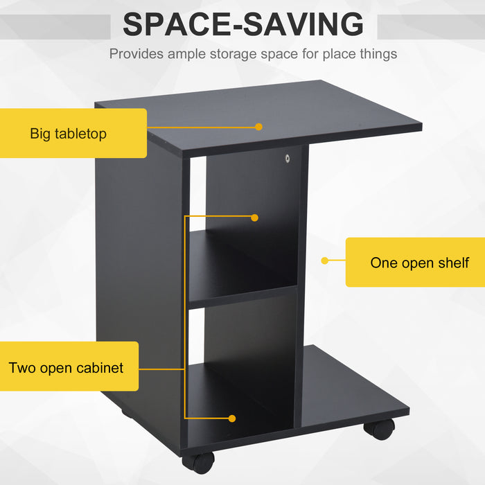 C-Shape Mobile End Table - Unique Storage Unit with Dual Shelves and 4 Rolling Wheels - Versatile Freestanding Cabinet for Home Office and Studio Use, Black