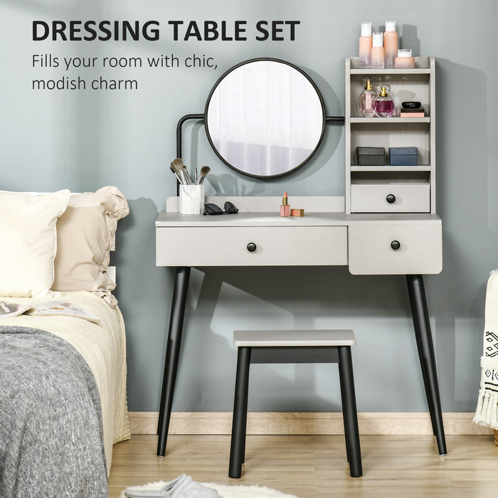 Vanity Makeup Table Set with Mirror and Stool - Spacious 3-Drawer Organizer with Open Shelves - Ideal for Bedroom and Living Room, Elegant Grey Design
