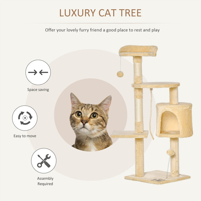 Cat Tree Tower - 114cm Tall Beige Cozy Condo for Cats with Scratching Posts - Ideal for Climbing & Lounging Pets