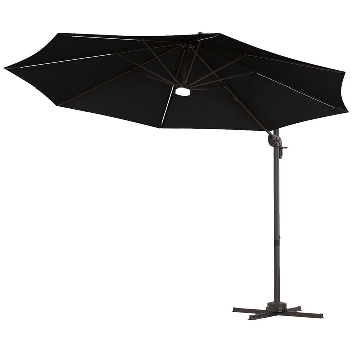 LED Solar-Powered Cantilever Parasol with Base - Durable Outdoor Sun Umbrella, 3m Coverage, Dark Grey - Ideal Shade Solution for Patio or Garden