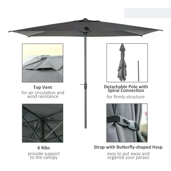 Aluminium Rectangular Patio Umbrella 3x2m - Garden Parasol with Crank Tilt Mechanism in Dark Grey - Ideal Sun Shade for Outdoor Comfort