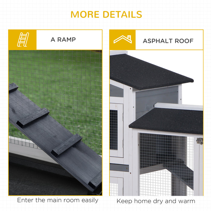 2-Tier Wooden Rabbit Hutch with Ramp - Grey, Pull-Out Tray for Easy Cleaning - Ideal Outdoor Shelter for Pet Rabbits