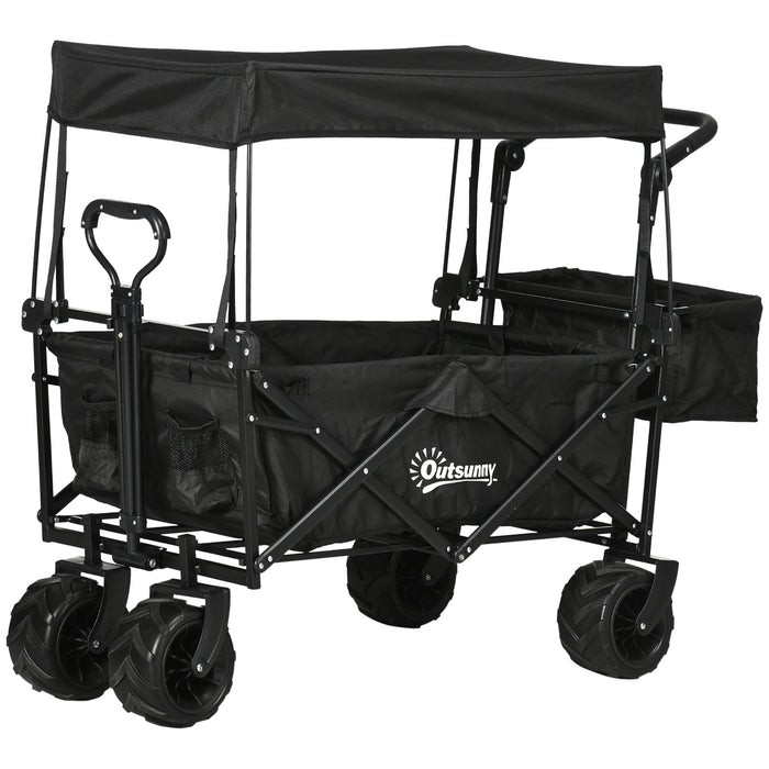 Beachcomber All-Terrain Folding Wagon - 4-Wheel Storage Trolley Cart with Handle and Overhead Canopy - Portable Push-Pull Trailer for Camping and Beach Outings, Black