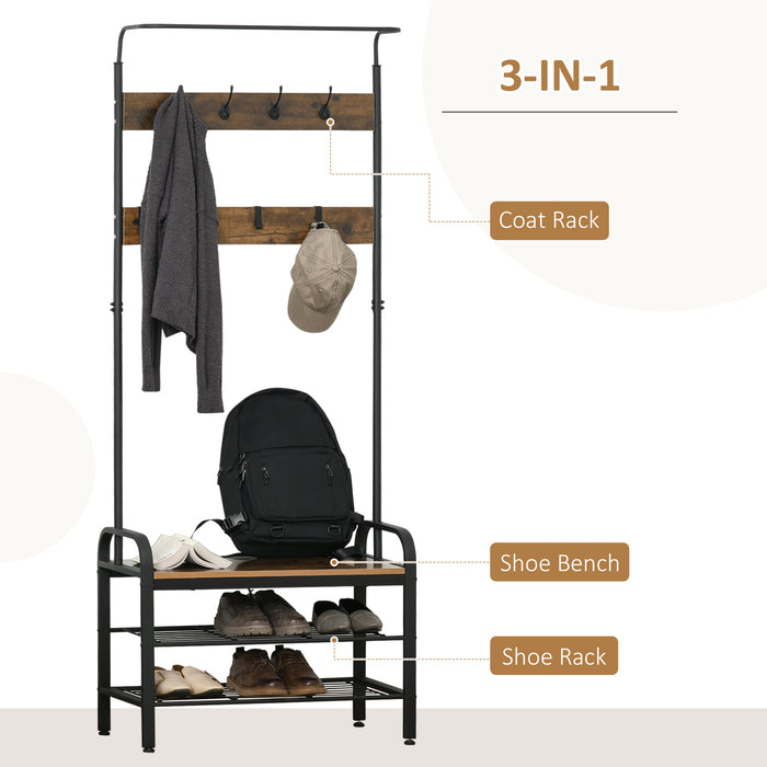 Industrial Style Coat and Shoe Rack Stand - Metal and Wood Hallway Organizer with Removable Hooks, Storage Shelf - Rustic Brown, Space-Saving Design for Entryway