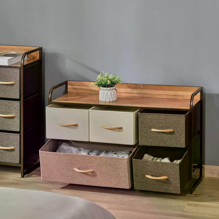 Linen Fabric 5-Drawer Dresser - Bedroom Hallway Storage Organizer with Sturdy Steel Frame & Wooden Top - Elegant Tower Unit for Home Organization