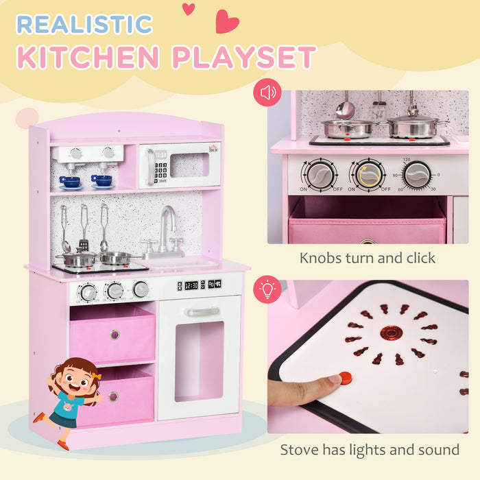 Interactive Wooden Play Kitchen Set with Functional Lights & Sounds - Includes Coffee Maker, Microwave, Sink, Utensils & Storage Bins - Perfect for Children's Imaginative Pretend Play in Pink