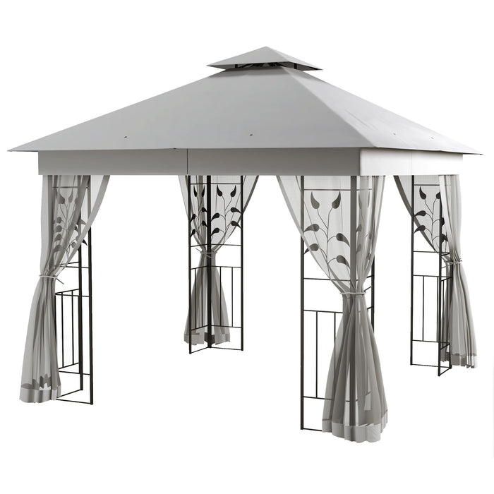 Double Roof Garden Gazebo Canopy - 3m x 3m with Netting & Solid Steel Frame in Light Grey - Outdoor Shelter for Gardens and Patios