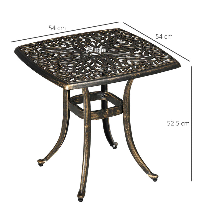 Cast Aluminium Patio Coffee Table - 54cm Square Outdoor Side Table with Umbrella Hole - Elegant Bronze Finish, Perfect for Patios & Gardens