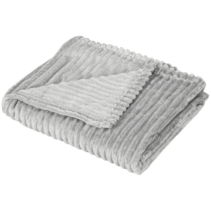 King Size Fluffy Flannel Fleece Throw Blanket - Warm Striped Reversible Bedspread for Travel - Ideal Cozy Comfort for Home and On-The-Go Use, 230x231cm, Grey