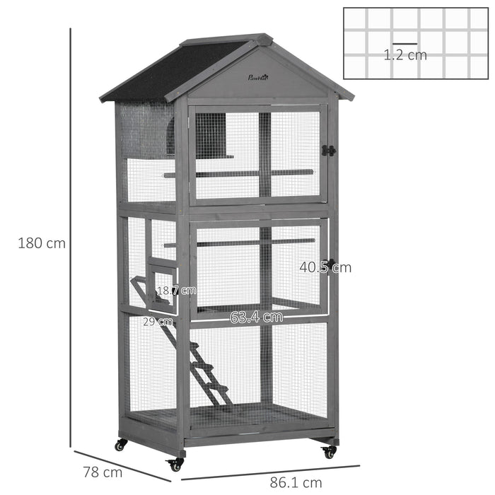 Wooden Aviary Bird Cage with Wheels - Spacious Habitat for Canaries, Cockatiels, Parrots with Perches, Nest, Ladder, Slide-out Tray - Ideal for Home Pet Birds, 86x78x180cm, Dark Grey