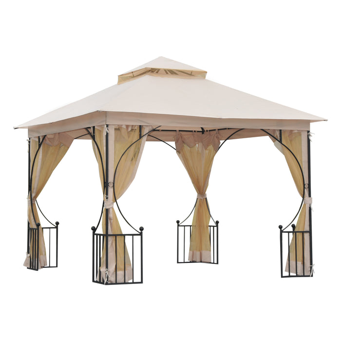 Garden Gazebo Patio Tent 3x3M - Double-Tier Sun Shade Canopy with Metal Frame for Outdoor Events - Ideal Shelter for Parties and Gatherings in Beige