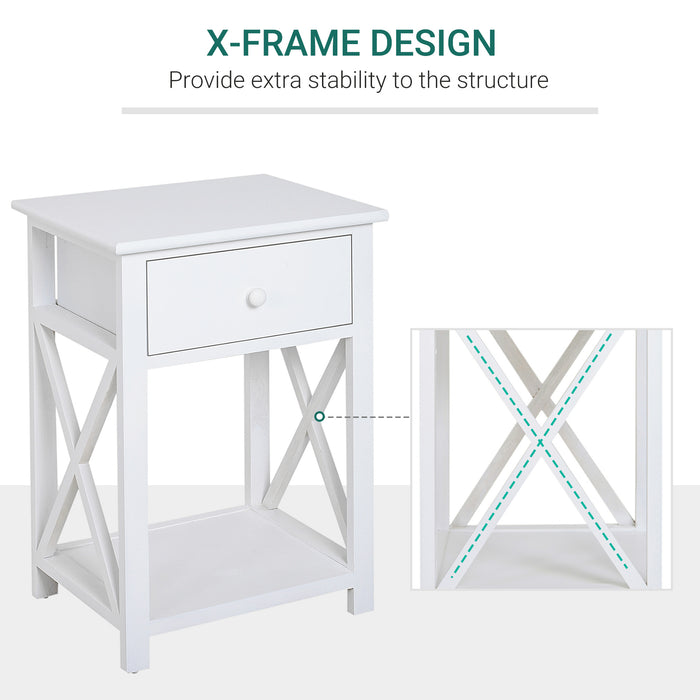 Classic Accent Side Table with Drawer and X-Bar Shelf - Compact Design for Living Space and Bedroom - Versatile White End Table with Storage, 40x30x55 cm